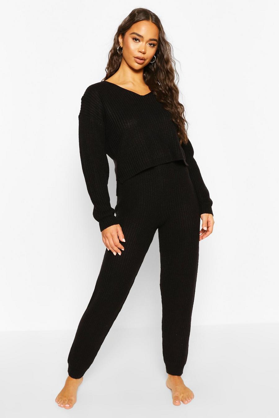 Black Cropped Knit Sweater And Jogger Lounge Sets image number 1