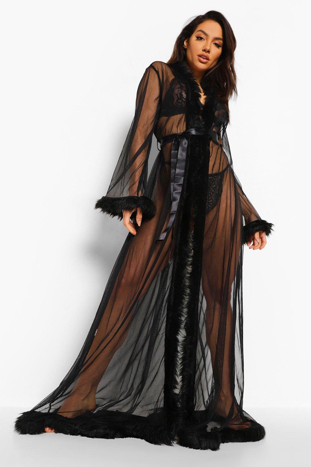fluffy trim maxi robe