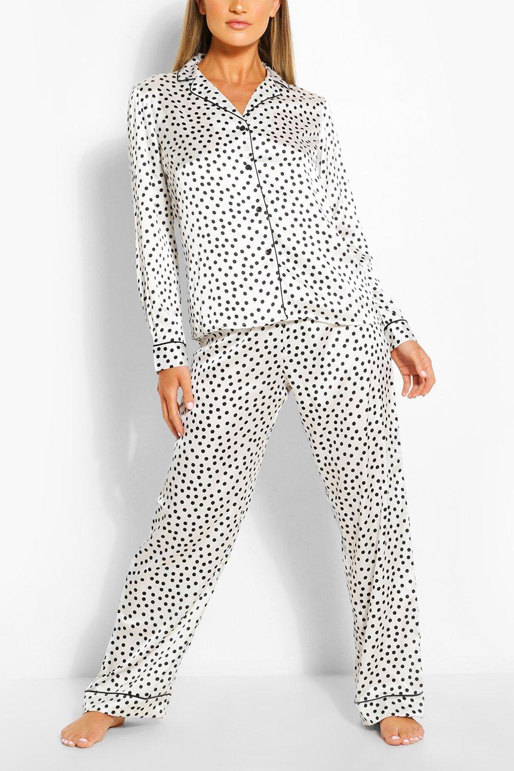 Pyjama satin chemise et pantalon imprim pois boohoo