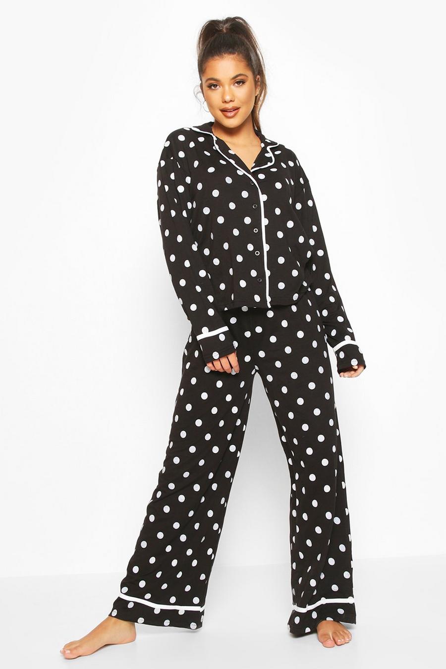 Black Polka Dot Button Through Pyjama Trouser Set image number 1