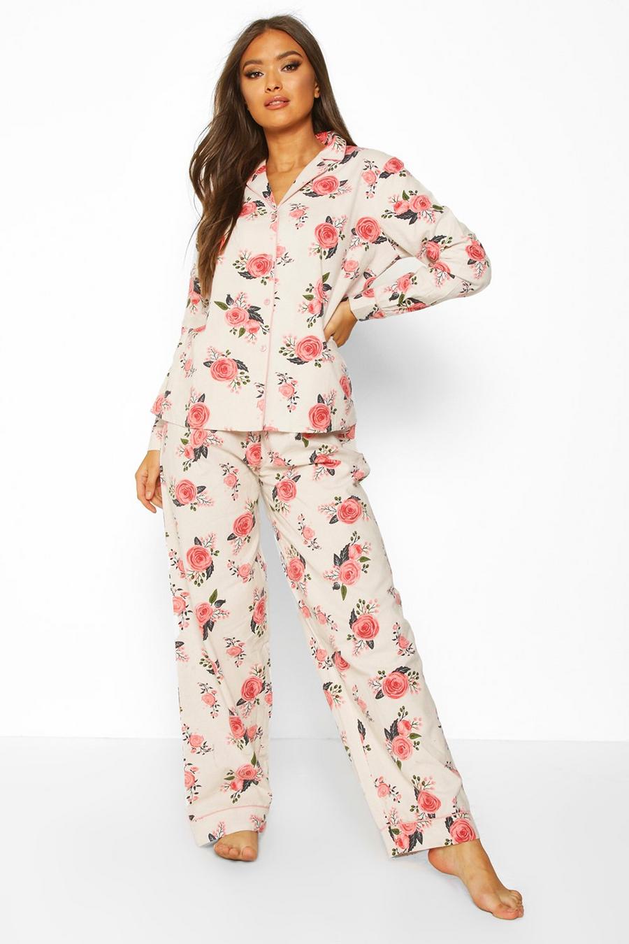 Set pigiama in cotone spazzolato con motivo floreale, Rosa image number 1