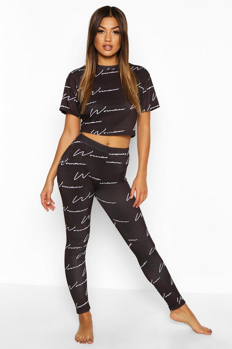 Pyjama-Set mit Crop Top mit Woman-Schriftzug und Leggings image number 1