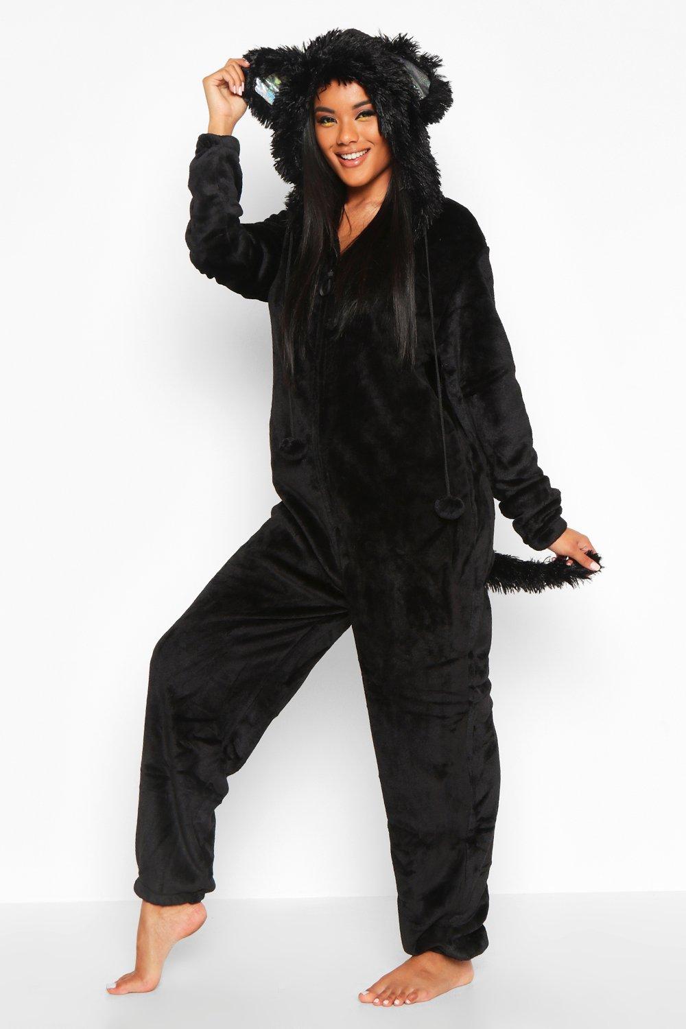 Women S Halloween Black Cat Fleece Onesie Boohoo Uk