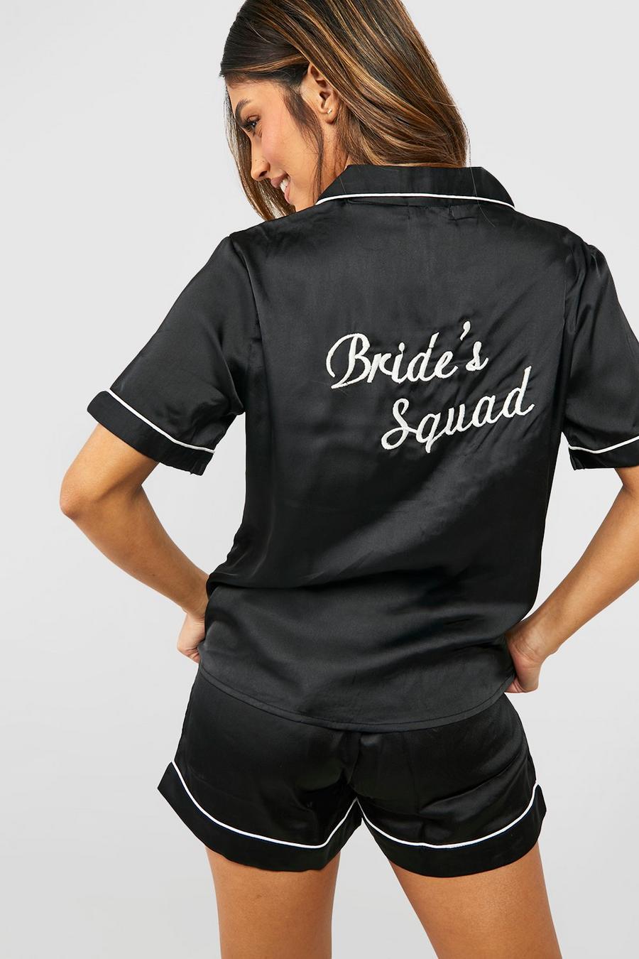 Set pigiama corto in raso con scritta Bride Squad e ricami, Nero black