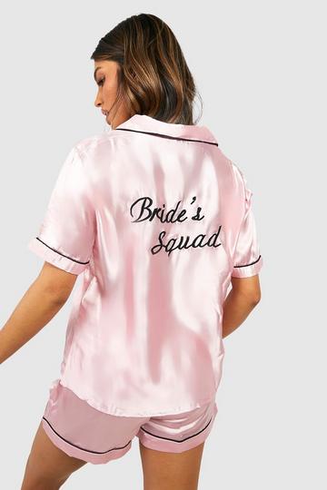 Rose Pink Bride'S Squad Satin Embroidered Pj Short Set
