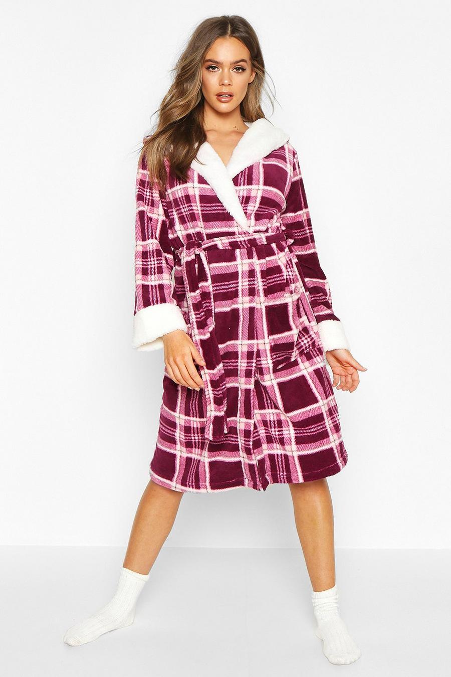 Berry Soft Fleece Check Dressing Gown image number 1