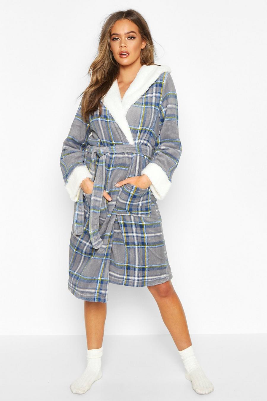 Grey Soft Fleece Check Dressing Gown image number 1