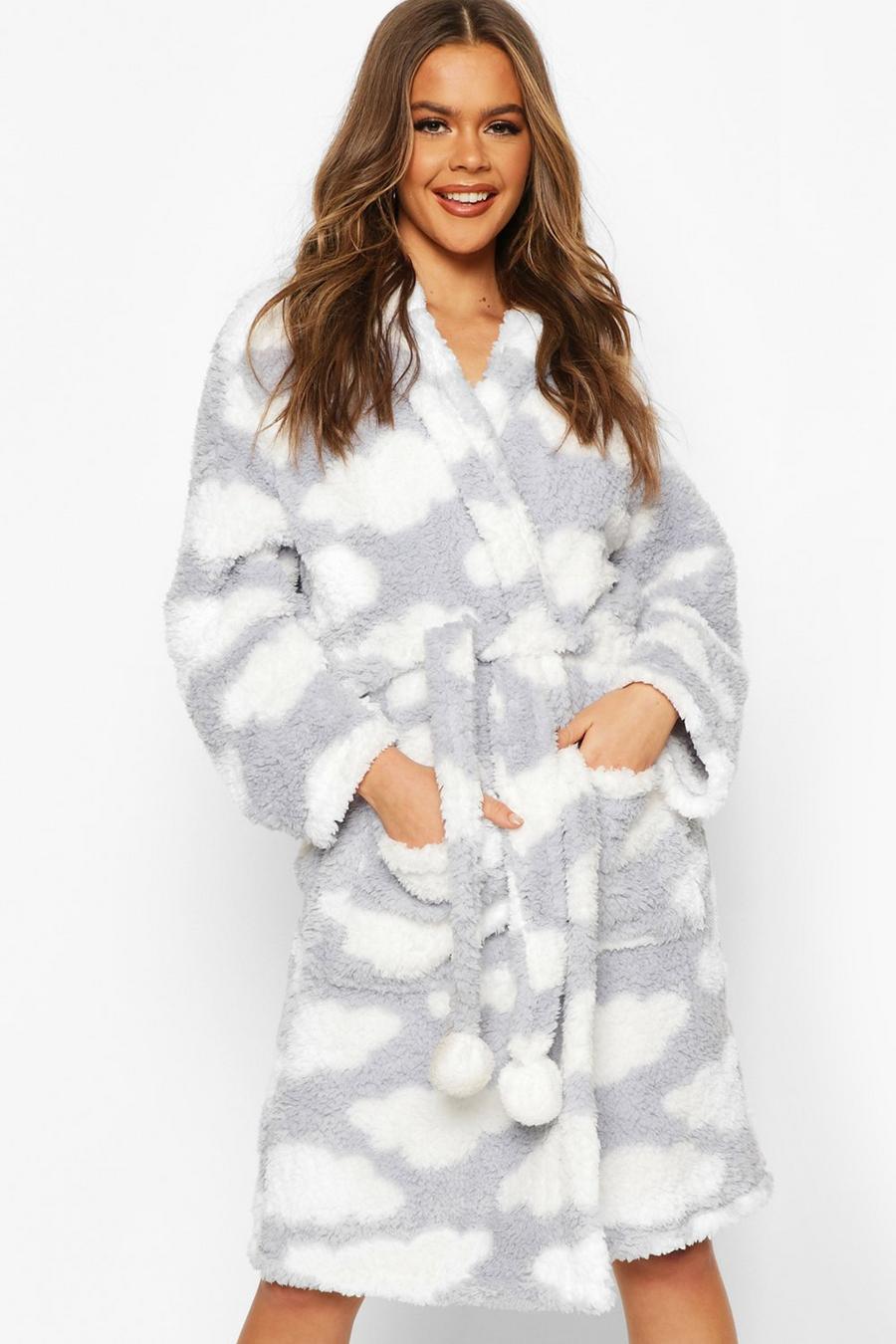 Silver Soft Fleece Cloud Print Dressing Gown image number 1