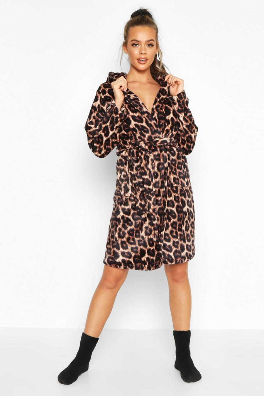 Brown Leopard Print Soft Fleece Dressing Gown image number 1