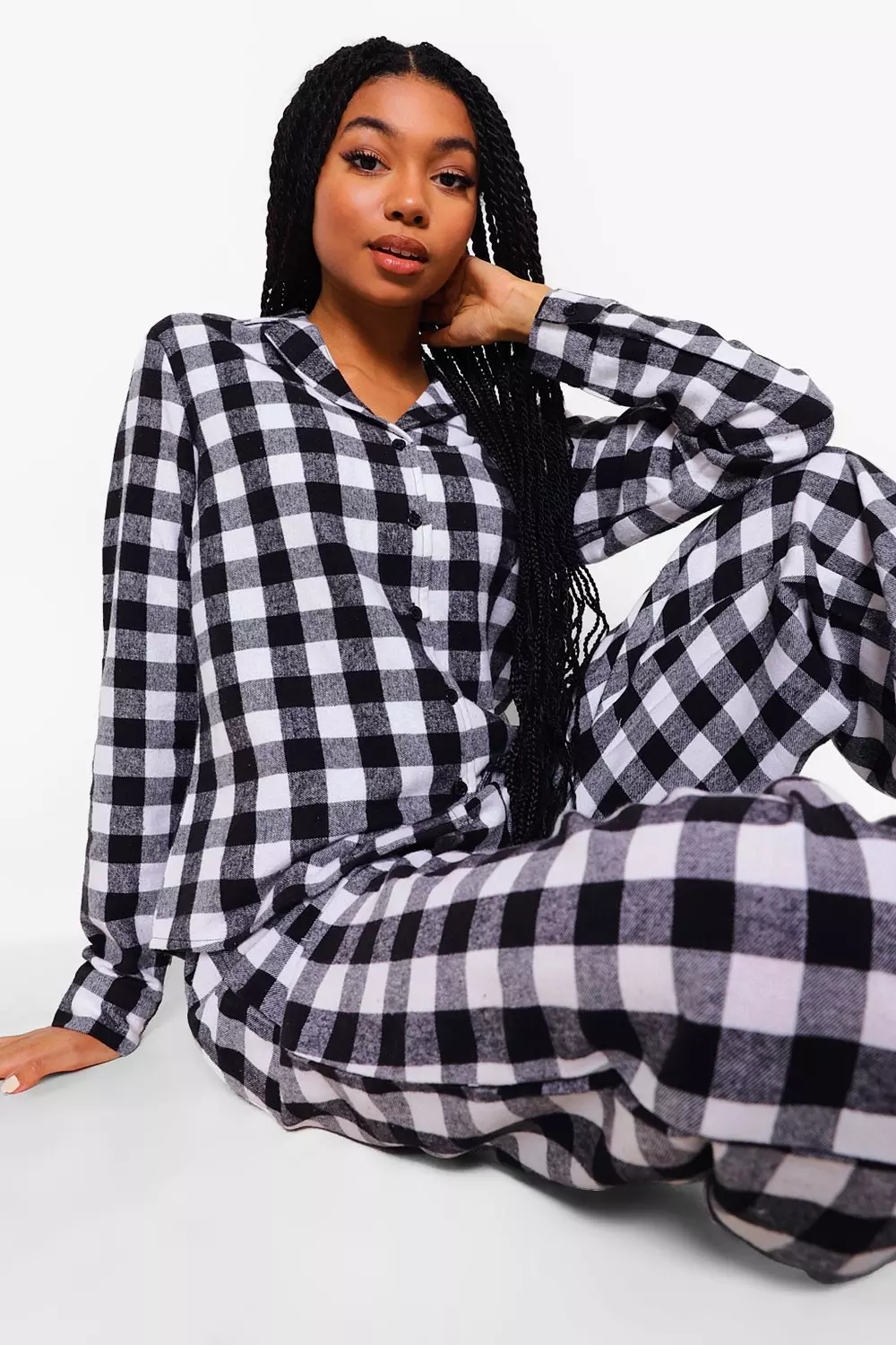 Black Christmas Brushed Check Button PJ Trouser Set alternative image