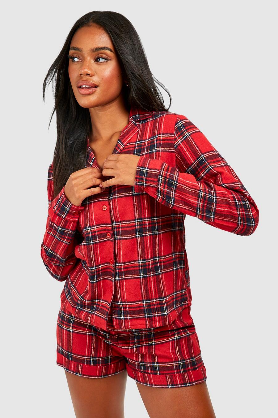 Pijama de pantalón corto y manga larga con cuadros cardados, Rojo image number 1