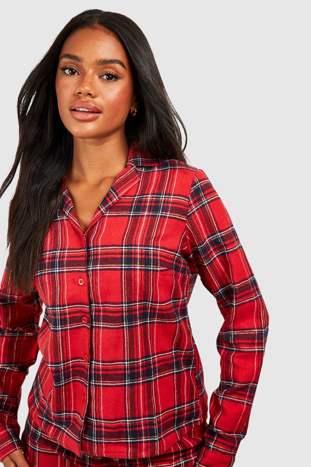 Boohoo Women s Brushed Check Long Sleeve PJ Shorts Set Red