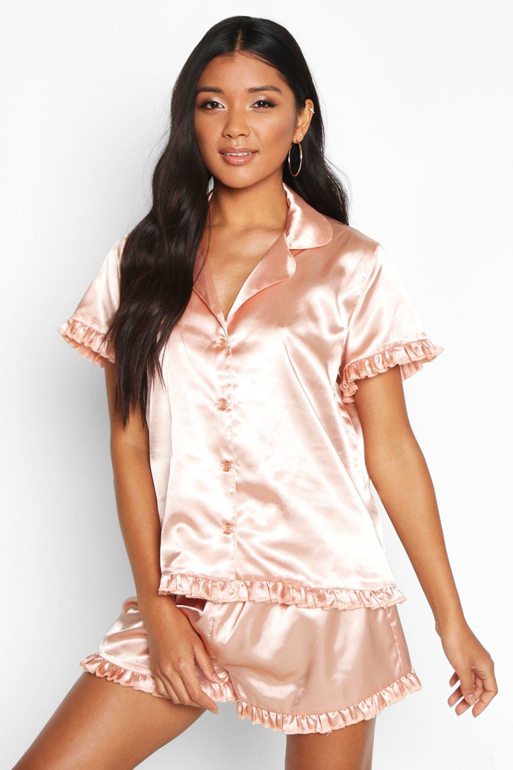 Women s Satin Ruffle Button Through PJ Short Set Boohoo UK