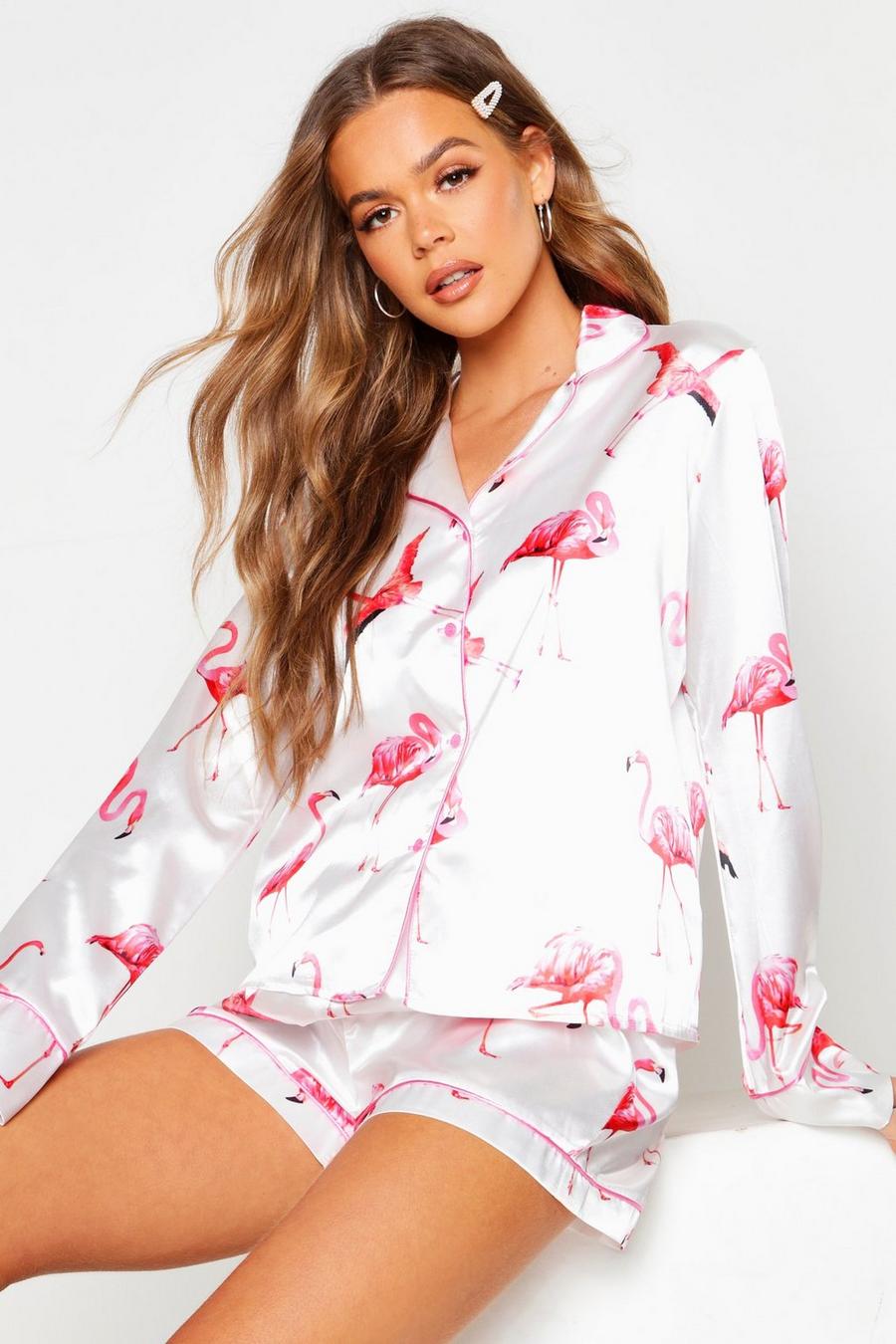 Satin-Pyjama mit Shorts und Flamingo-Print, Rosa image number 1