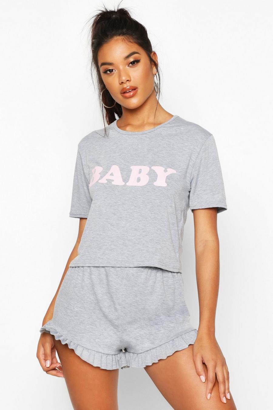 Grey marl Baby set med slogan och pyjamasshorts image number 1