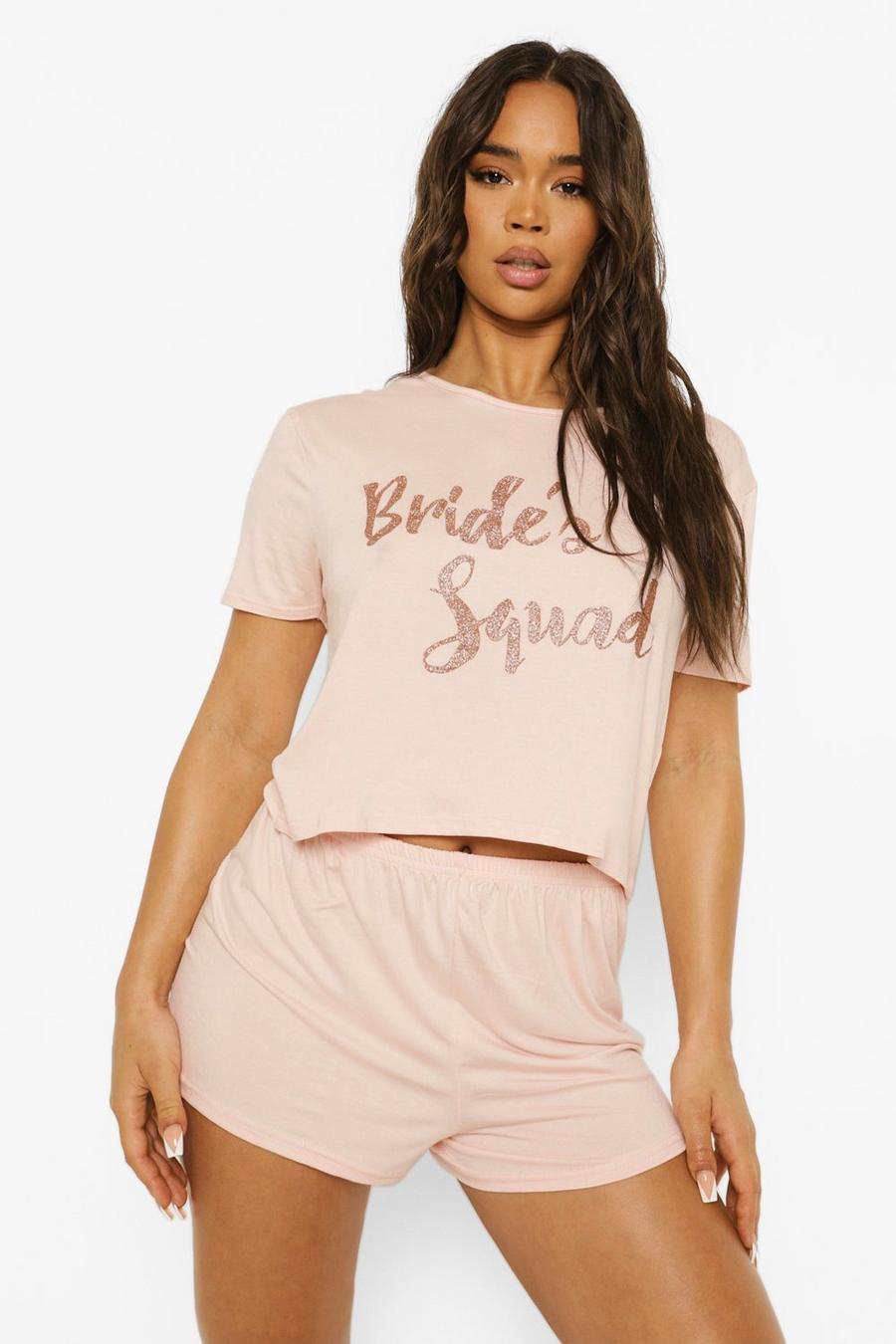 Set con T-shirt con scritta Bride’s Squad e pantaloncini, Oro rosa image number 1