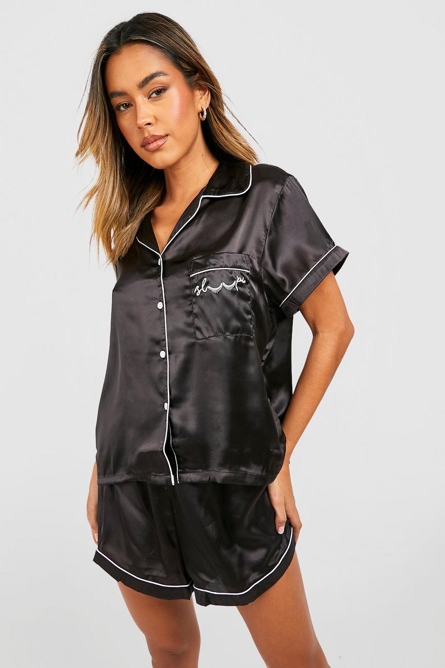 Satin Pyjama-Set mit Sleep-Stickerei, Black image number 1