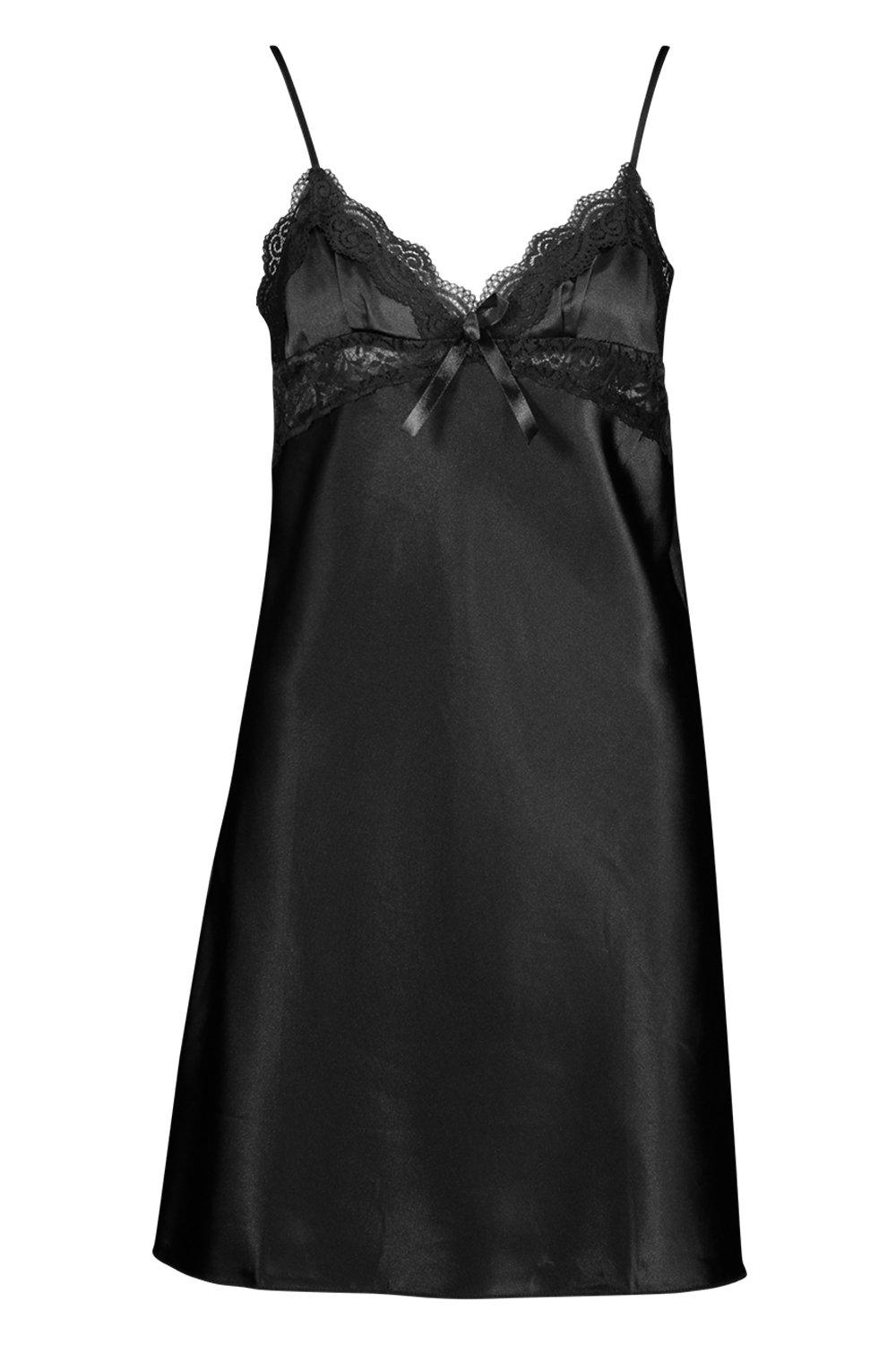 Contrast Lace Trim Satin Slip Dress