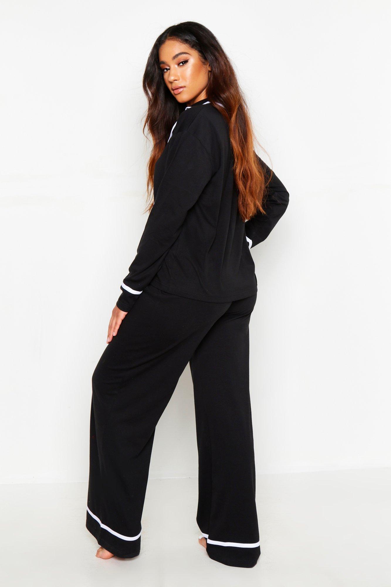 Womens Clothing Nightwear and sleepwear Pyjamas Boohoo Long Sleeve Button Through Jersey Pj Set in Black 