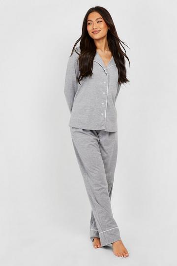 Piping Detail Jersey Long Sleeve Shirt & Trousers Pyjama Set grey marl