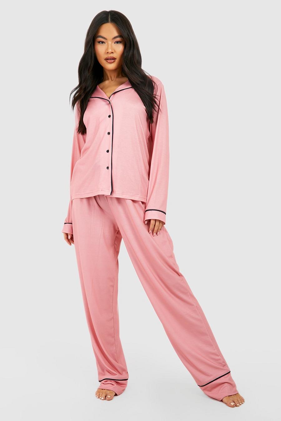 Pink Long Sleeve Button Through Jersey PJ Set image number 1