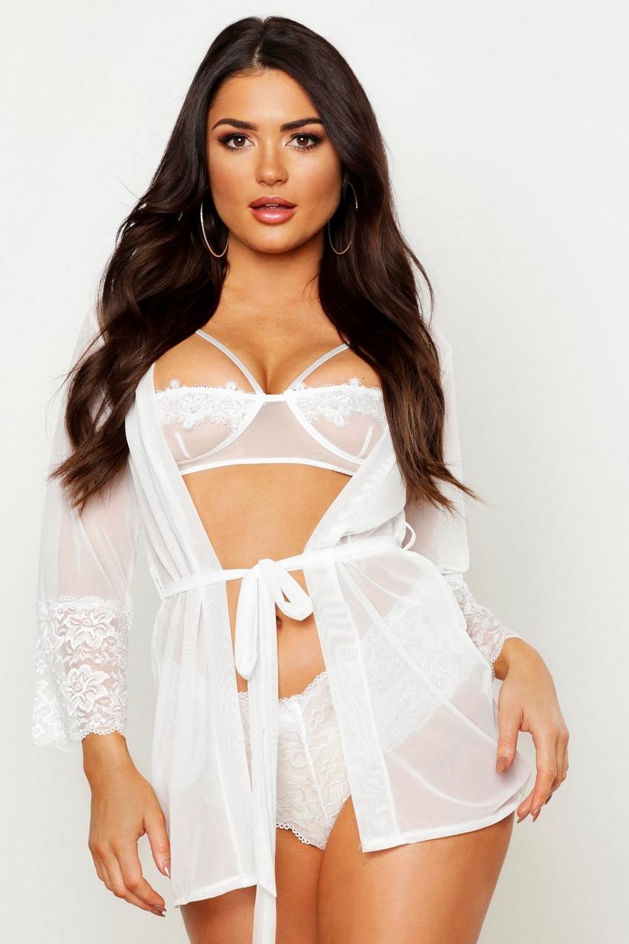 Ivory Mesh & Lace Robe & French Knicker Set image number 1