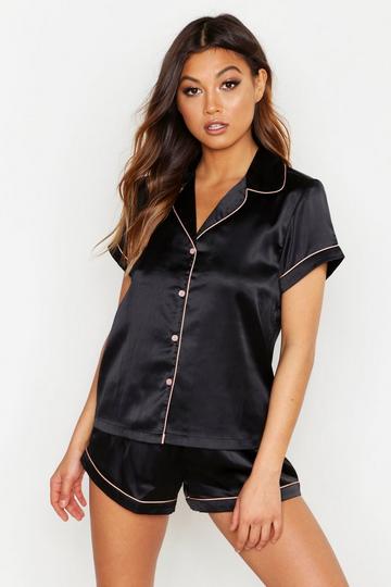 Black Satin Contrast Piping Short Sleeve Shirt & Shorts Pyjama Set