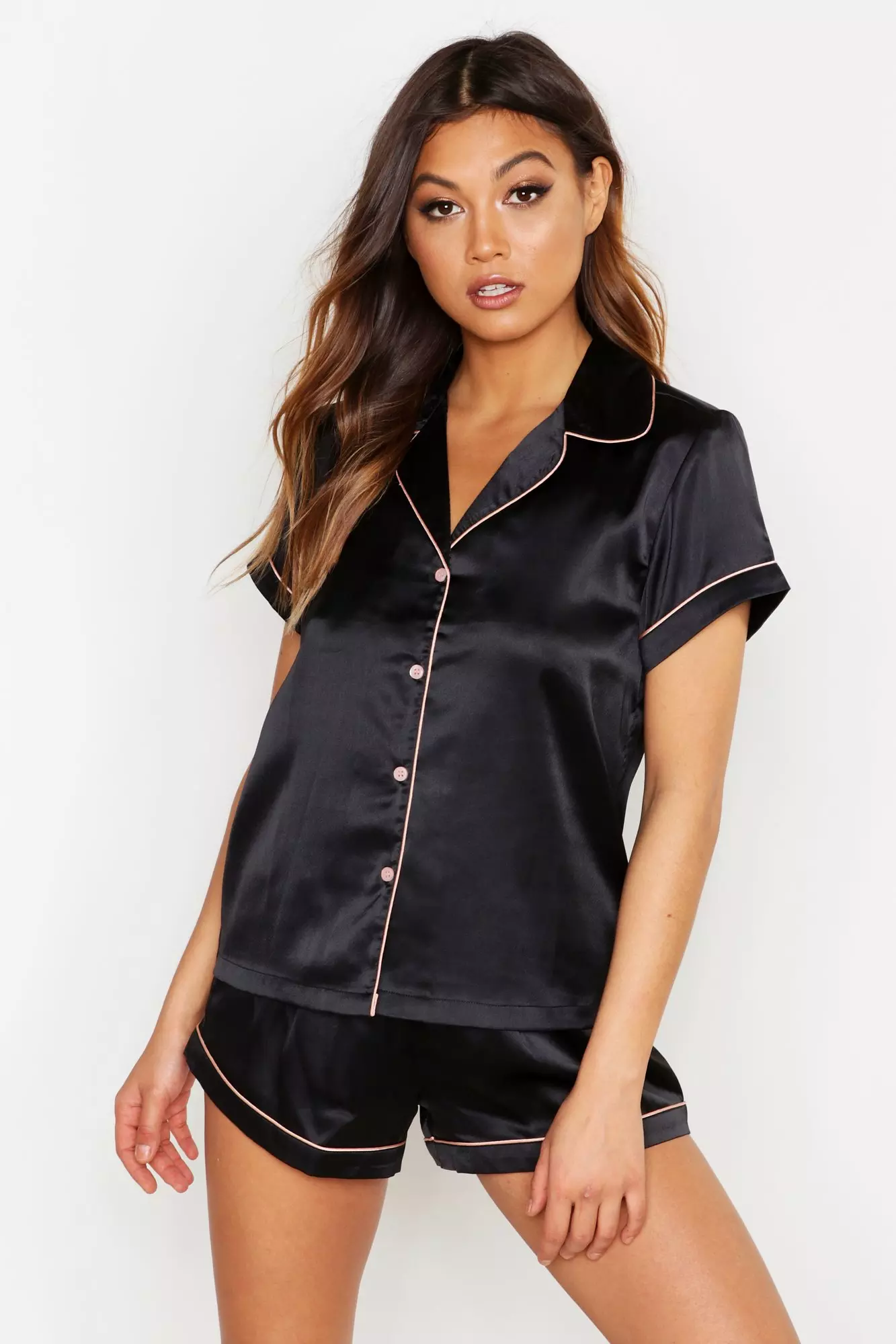 Black Satin Contrast Piping Pyjama Short Set alternative image