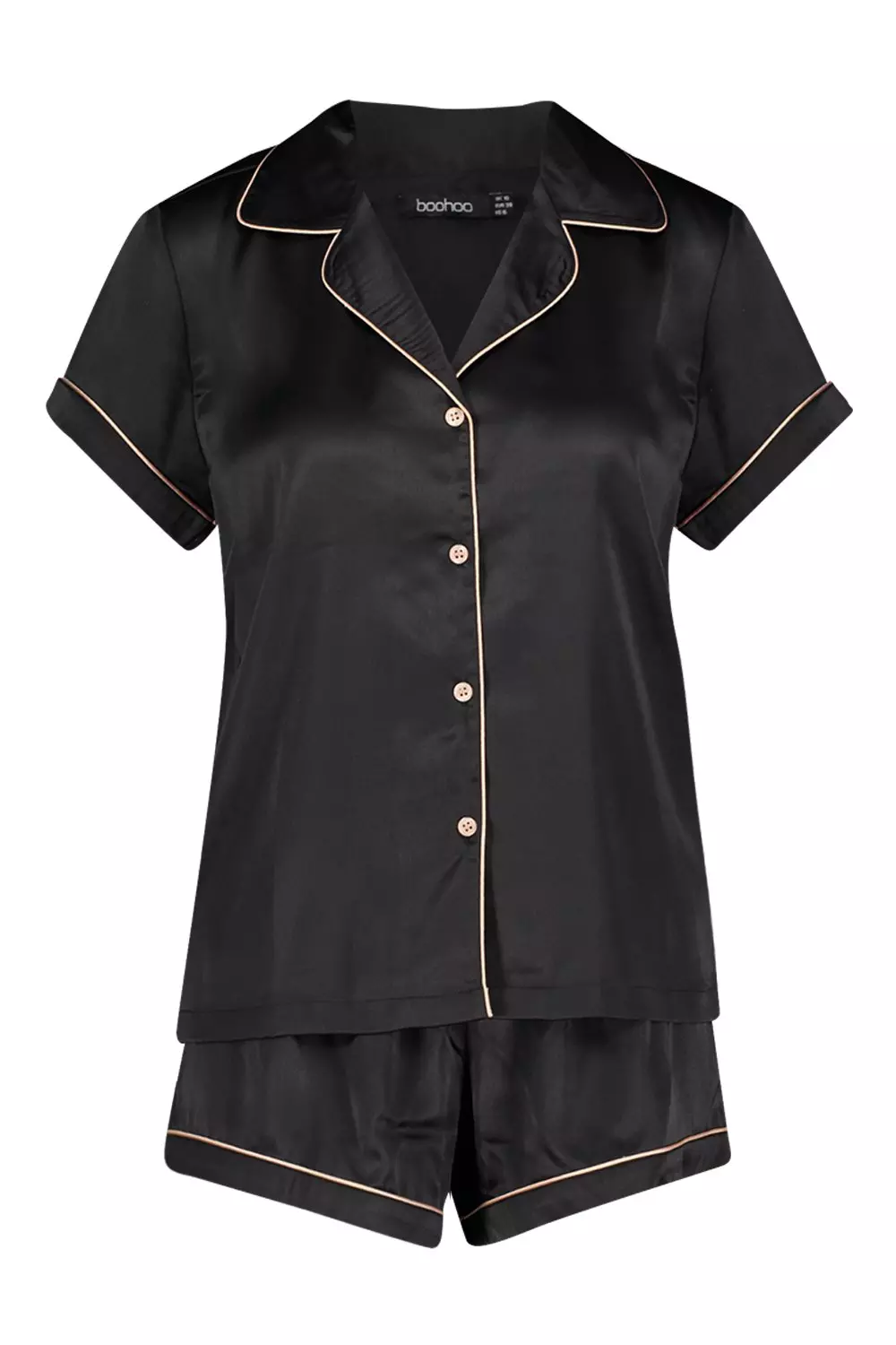 Black Satin Contrast Piping Pyjama Short Set alternative image