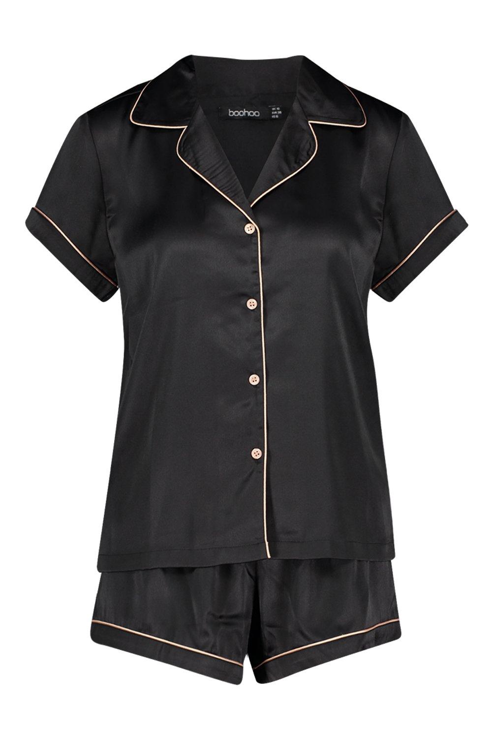 Colsie Women's Plisse Shirt Collar and Shorts Pajama Set Black Size Medium