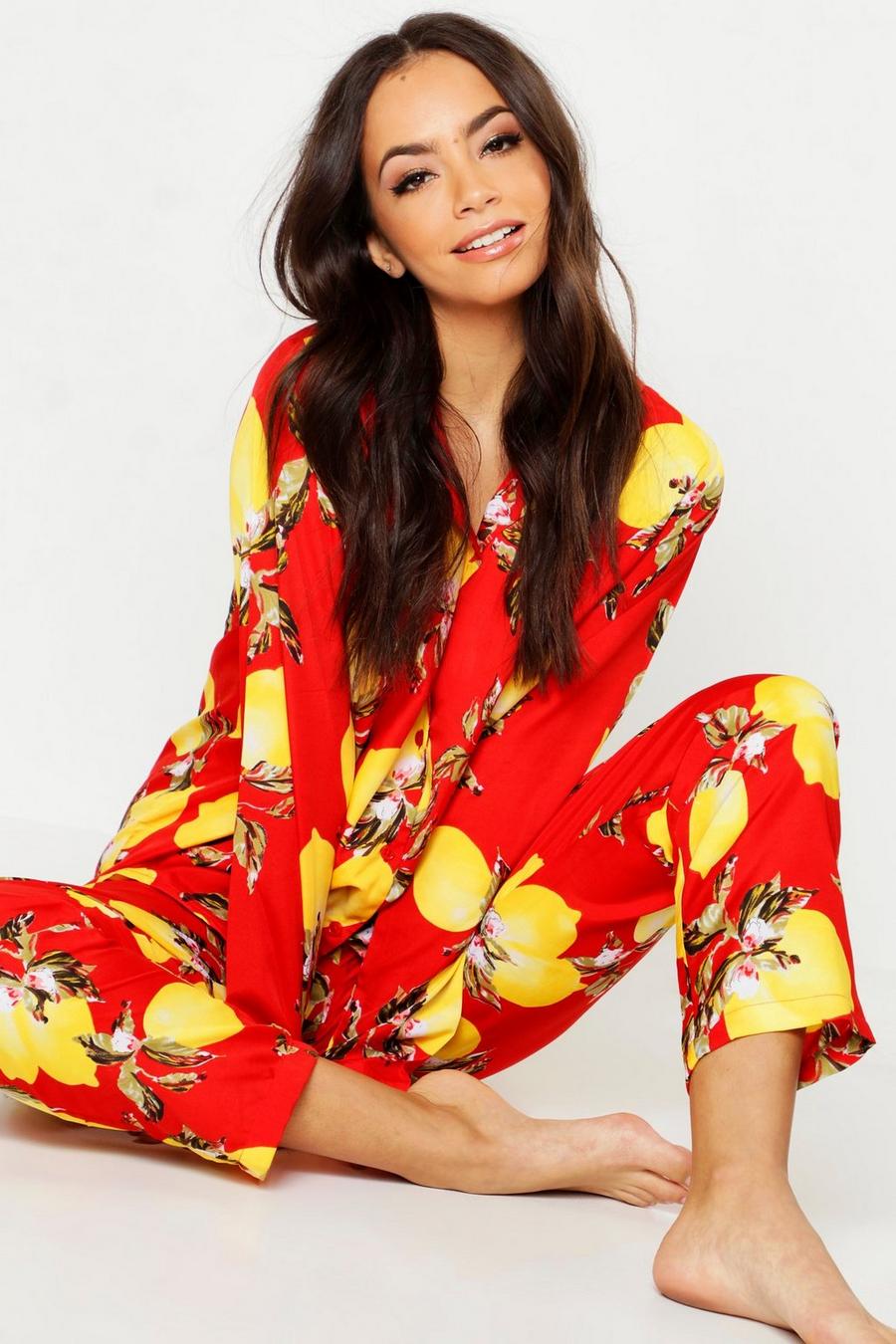Pyjama mit Knopfleiste und Zitronen-Print, Rot image number 1