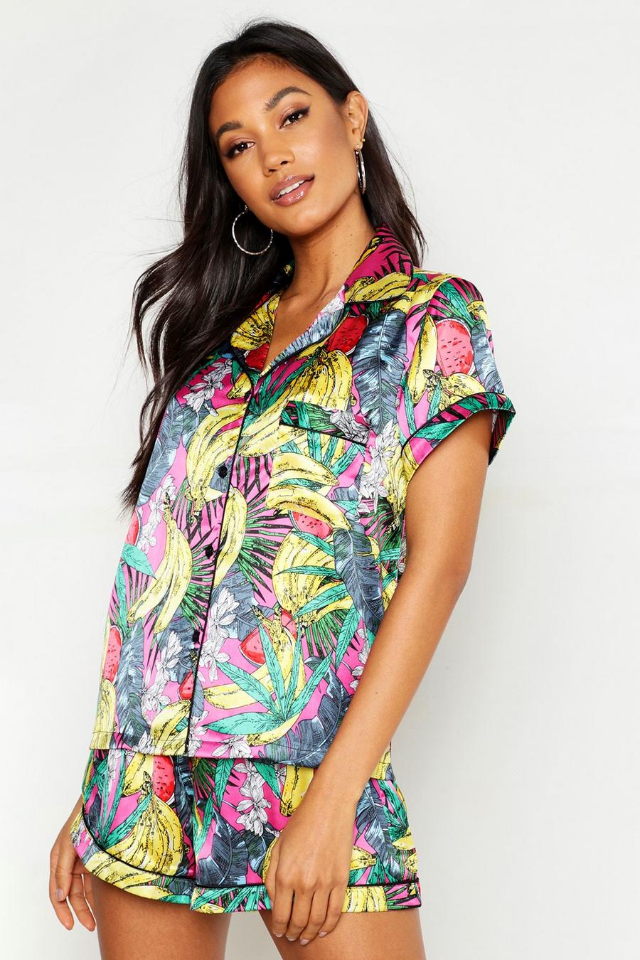 Satin-Pyjama mit Shorts und Tropical Print, Rosa image number 1