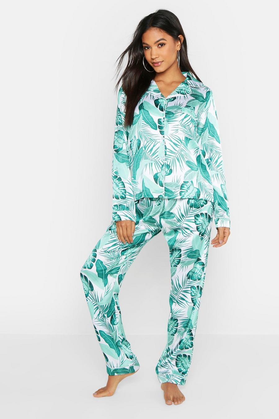 Conjunto de pijama de satén con estampado de palmeras, Blanco image number 1