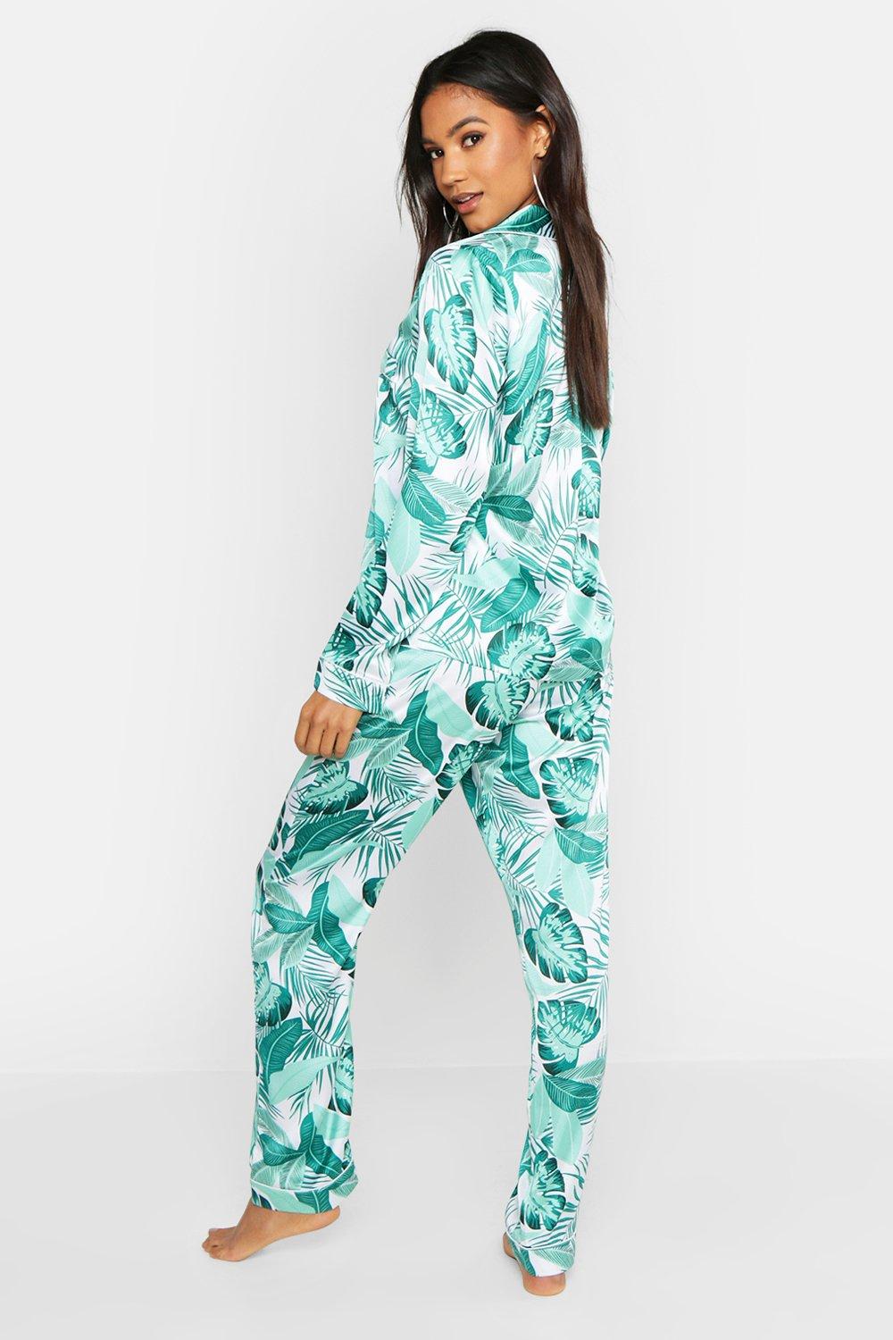 Palm Print Satin PJ Set boohoo NZ