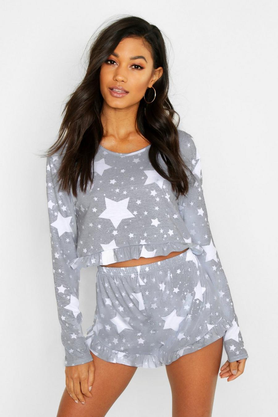 Grey Star Print Frill Hem Pajama Shorts Set image number 1
