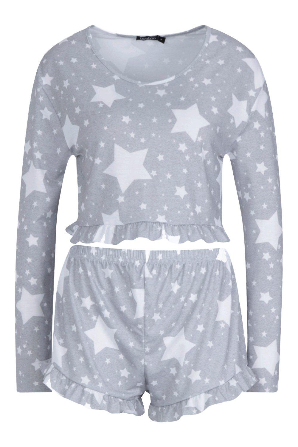 Star Print Frill Hem Pajama Shorts Set | boohoo