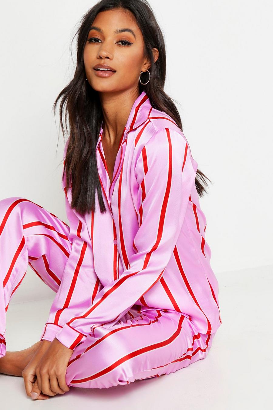 Pink Randigt pyjamasset i satin med långbyxor image number 1