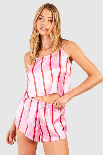 Skinny Stripe Cami And Pyjama Short Set pink