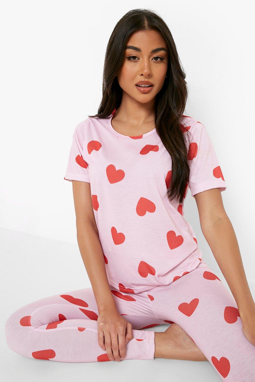 Allover Heart Print Contrast Binding PJ Set