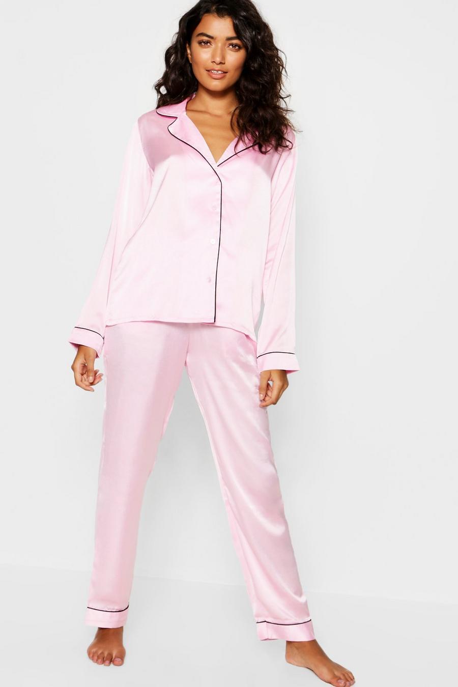 Pink Pyjamasskjorta och byxor i satin med kontrastfärgade kantband image number 1