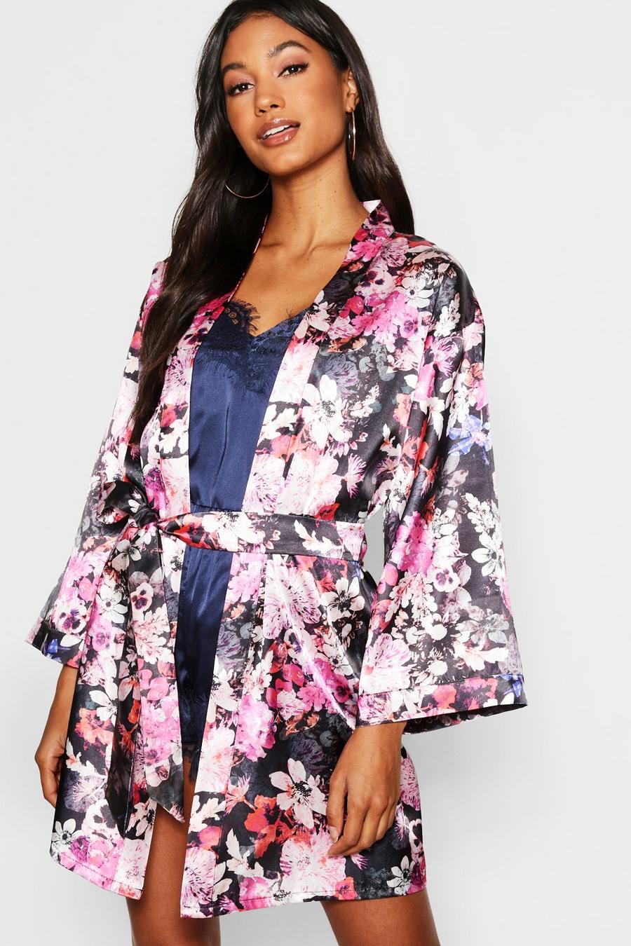 Digital Floral Satin Kimono Robe image number 1