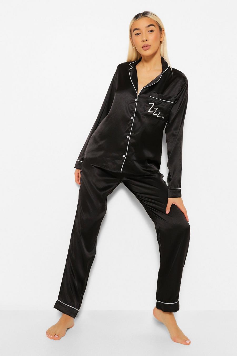 Set pigiama in raso con pantaloni lunghe e top con scritta Zzz e bottoni, Black nero