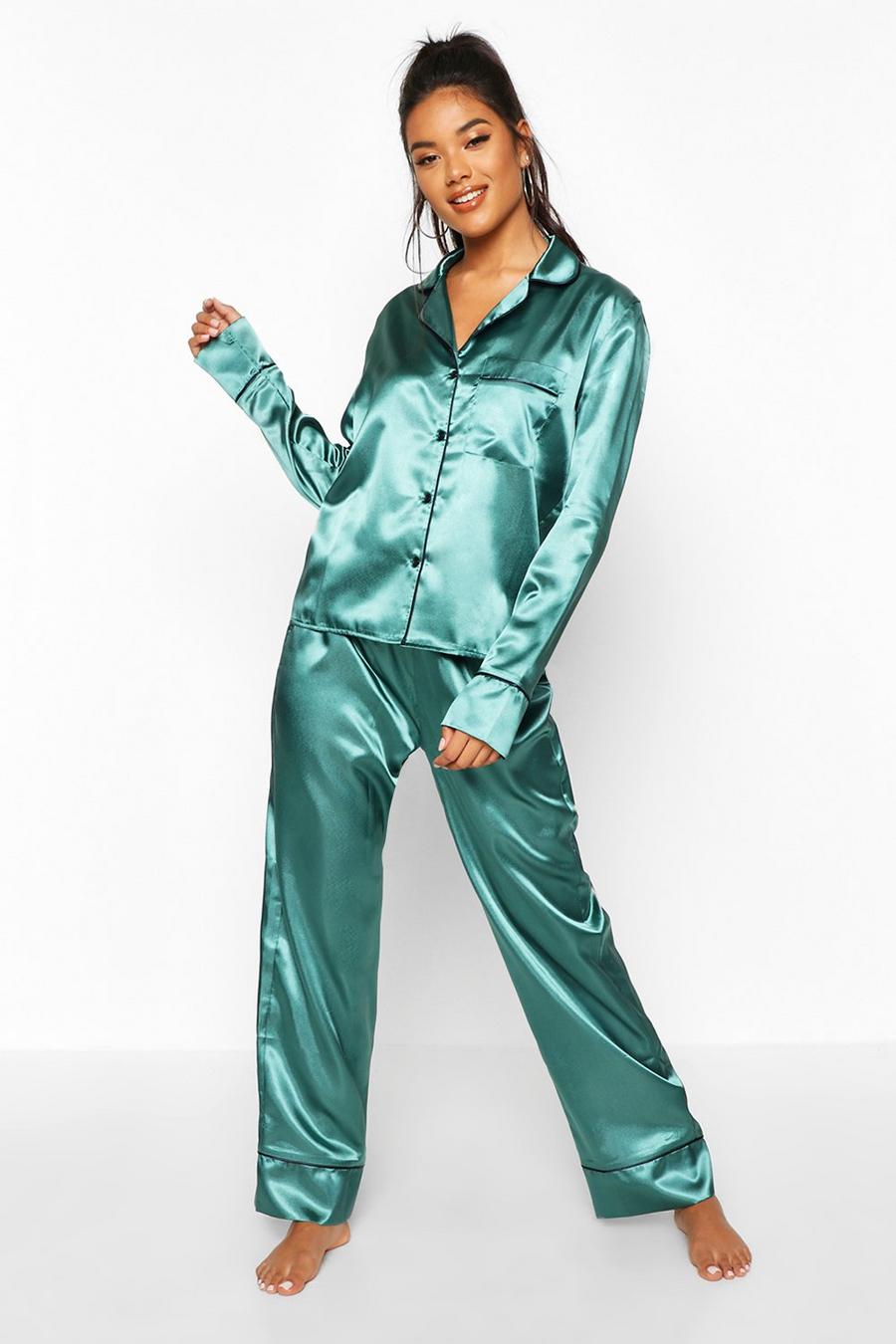 Satin Pyjama-Set mit Knopfleiste, Dark green image number 1