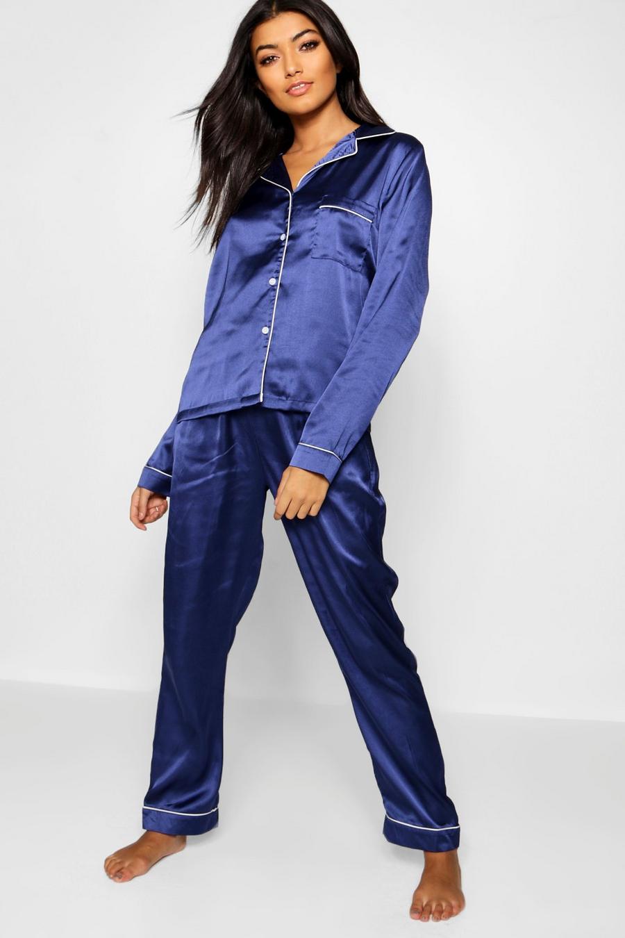 Pijama de raso con botones y ribete, Navy image number 1