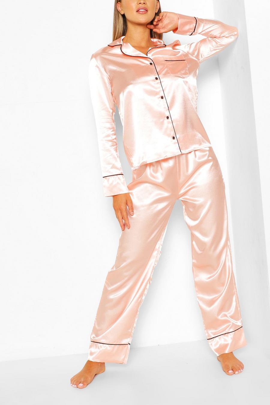Set pigiama in raso con bottoni e profili, Rose gold image number 1