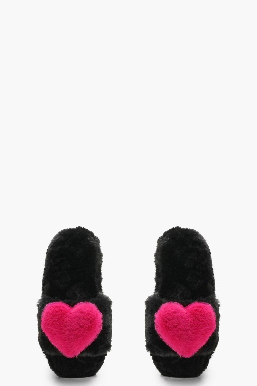Fluffy 3D Heart Slippers, Black image number 1