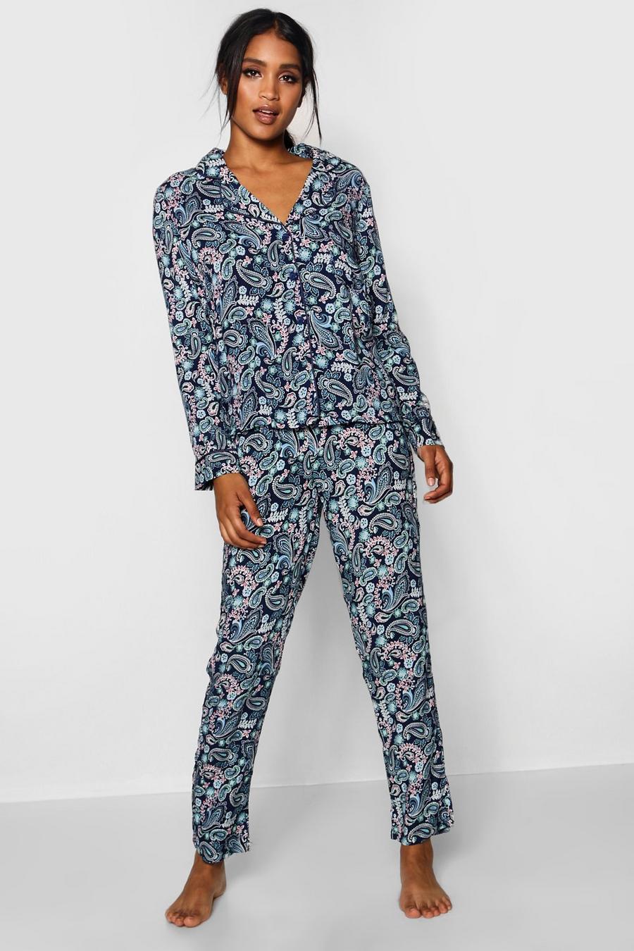 Pijama de manga larga con estampado de cachemir, Azul marino image number 1