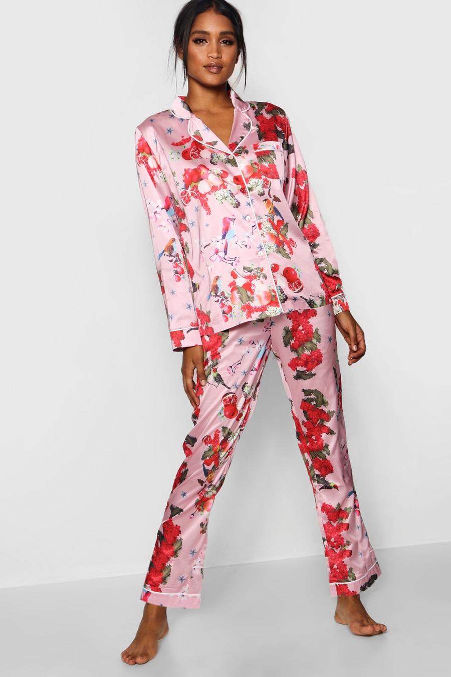 Rose Floral Print Satin Pyjamas image number 1