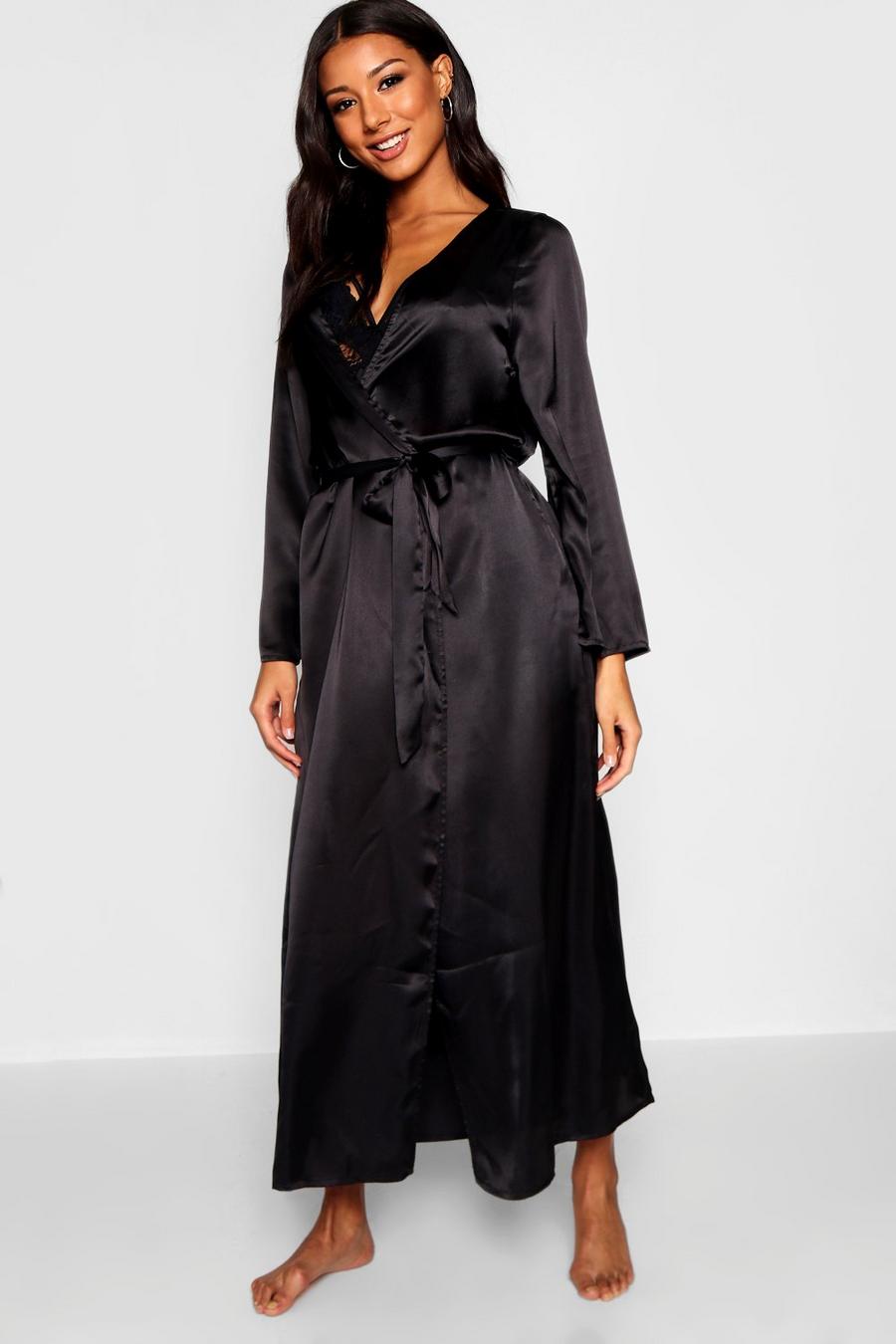 Black svart Satin Kimono Maxi Robe image number 1