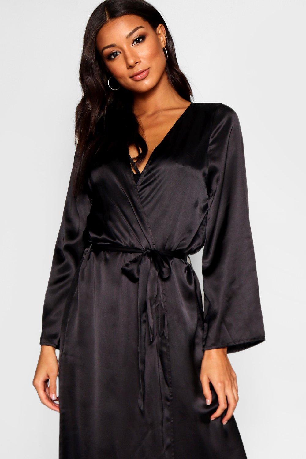 Long black satin outlet kimono robe